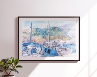 Original watercolor boats painting, Sunny watercolor painting, Watercolor boats and sea painting, Nautical watercolor painting,