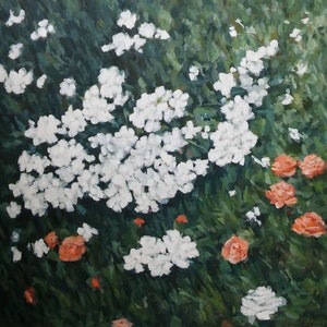 Impressionistic flowers oil on canvas, original floral oil painting, white flowers oil canvas, white and green floral oil painting image 1