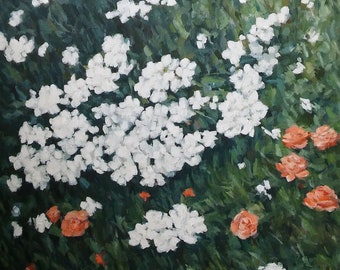 Impressionistic flowers oil on canvas, original floral oil painting, white flowers oil canvas, white and green floral oil painting