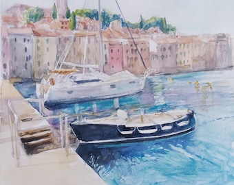 Original watercolor boats painting, Sunny watercolor boats and sea painting, Mediterranean watercolor painting, Coastal home decor