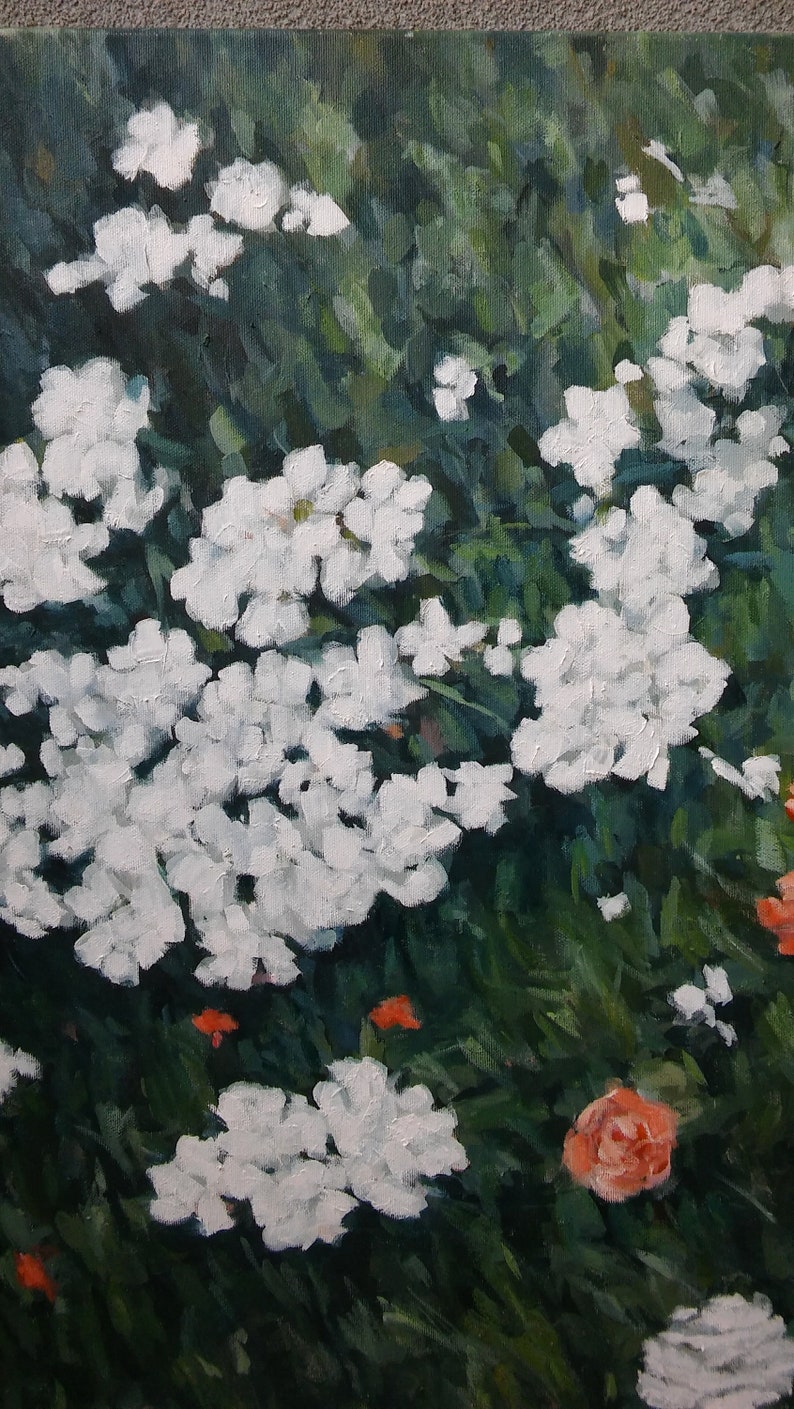 Impressionistic flowers oil on canvas, original floral oil painting, white flowers oil canvas, white and green floral oil painting image 5