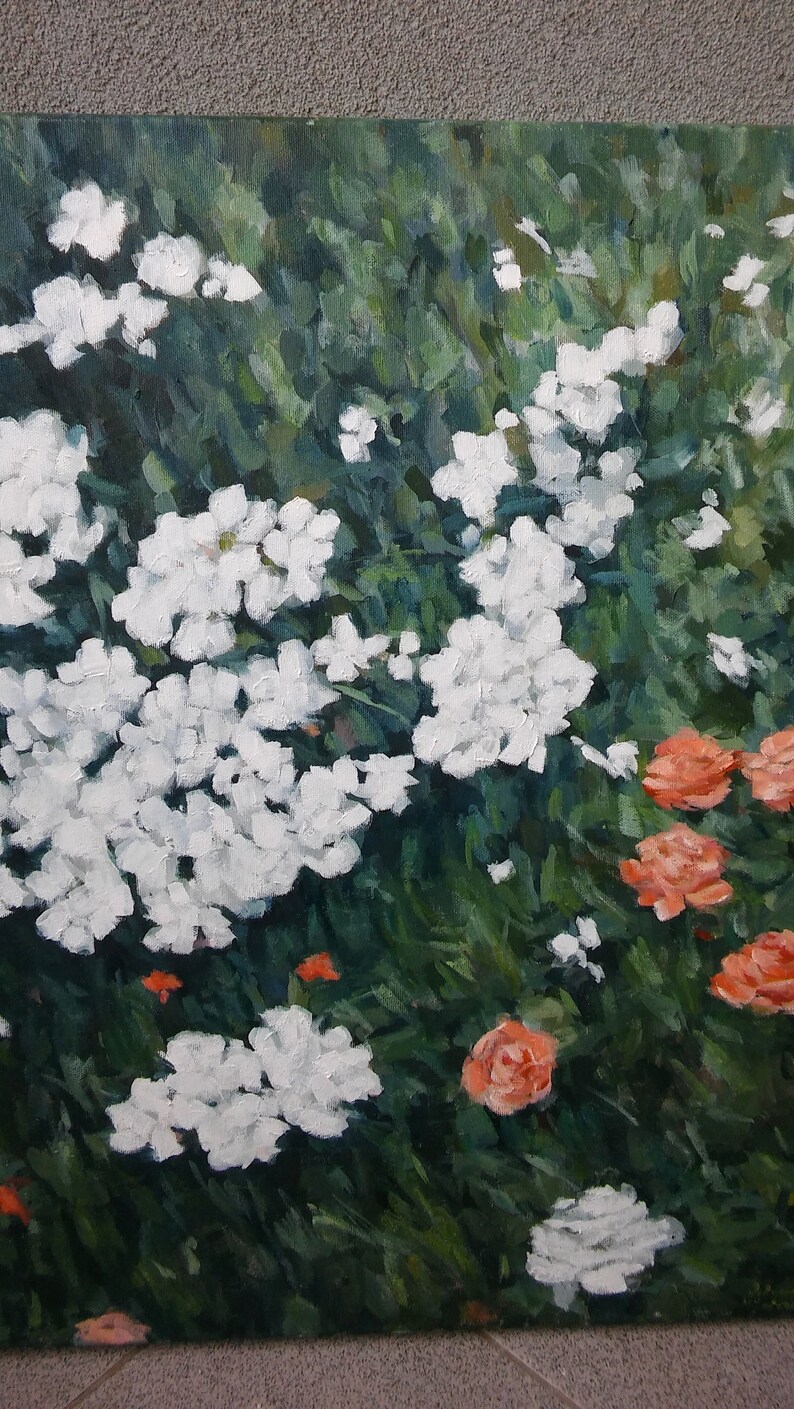 Impressionistic flowers oil on canvas, original floral oil painting, white flowers oil canvas, white and green floral oil painting image 6