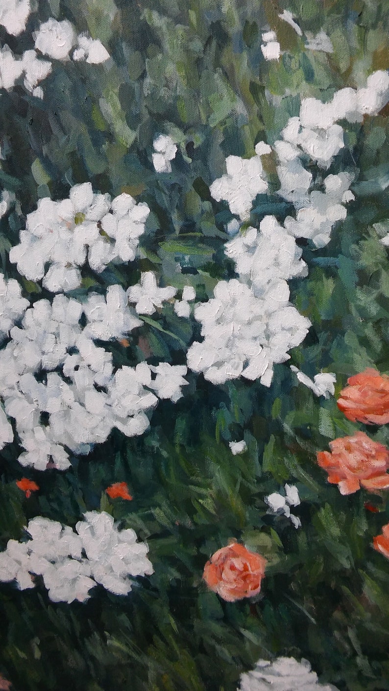 Impressionistic flowers oil on canvas, original floral oil painting, white flowers oil canvas, white and green floral oil painting image 2