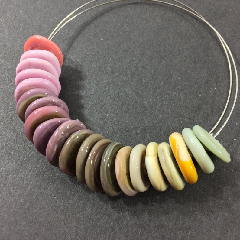 Set of 21 Variegated mauve pinkpistachio green shades freeform artisan lampwork glass spacers earrings for necklaces bracelets etc