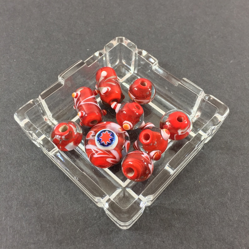 earrings etc. bracelets for necklaces Star Millefiori red white swirl artisan lampwork glass focal bead set