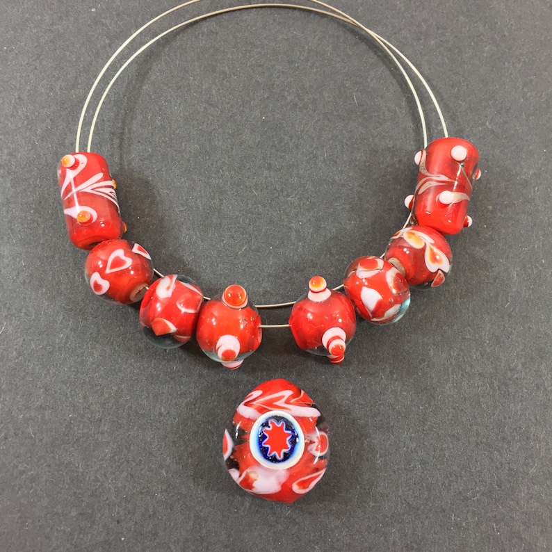 earrings etc. bracelets for necklaces Star Millefiori red white swirl artisan lampwork glass focal bead set