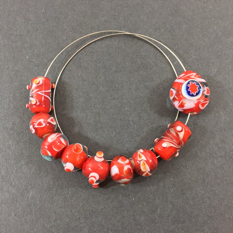 earrings etc. bracelets for necklaces Star Millefiori red white swirl artisan lampwork glass focal bead set