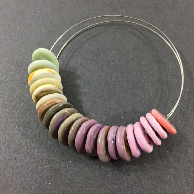 Set of 21 Variegated mauve pinkpistachio green shades freeform artisan lampwork glass spacers earrings for necklaces bracelets etc