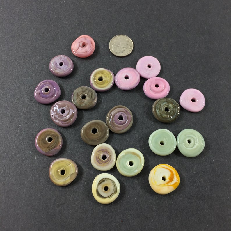 Set of 21 Variegated mauve pinkpistachio green shades freeform artisan lampwork glass spacers earrings for necklaces bracelets etc