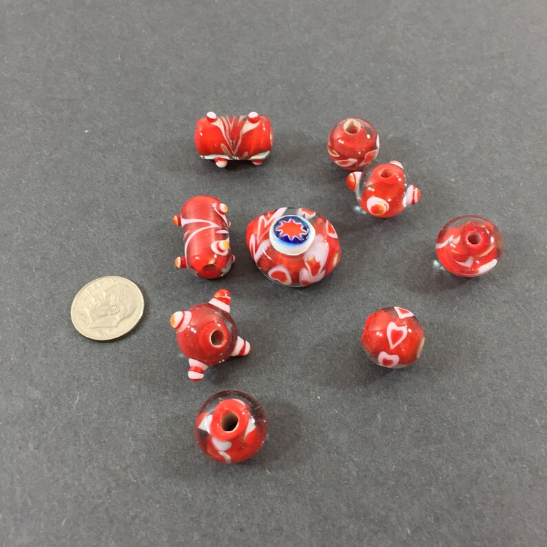 earrings etc. bracelets for necklaces Star Millefiori red white swirl artisan lampwork glass focal bead set