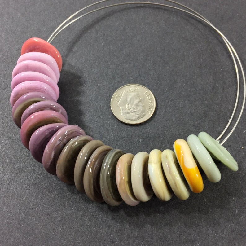 Set of 21 Variegated mauve pinkpistachio green shades freeform artisan lampwork glass spacers earrings for necklaces bracelets etc
