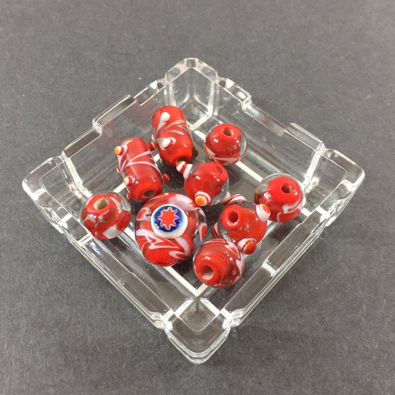 earrings etc. bracelets for necklaces Star Millefiori red white swirl artisan lampwork glass focal bead set