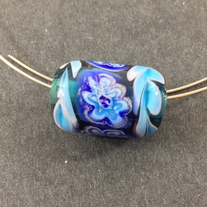 earrings for necklaces bracelets Transparent teal blue with millefiori flower artisan lampwork glass tube bead etc.