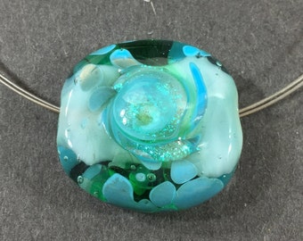 Round Blue Glass wih Dichroic Swirls Lampwork Glass Focal Piece Necklace