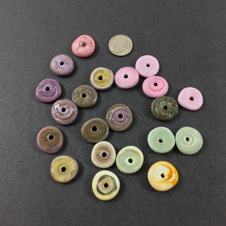 Set of 21 Variegated mauve pinkpistachio green shades freeform artisan lampwork glass spacers earrings for necklaces bracelets etc