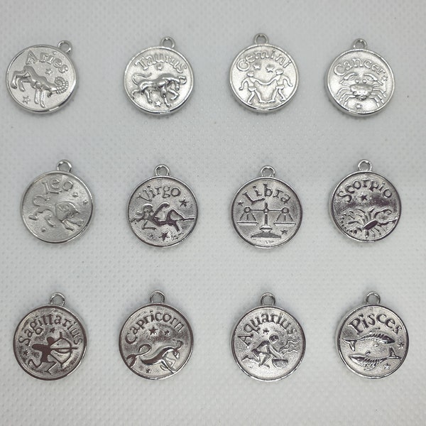 1pc, 20x17mm, Tibetan Pendants Charm Flat Round Zodiac Sign for DIY Jewelry Making -  in Platinum