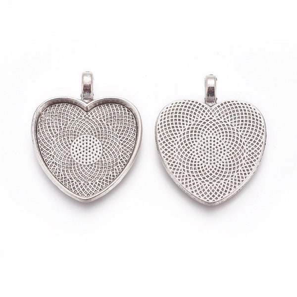 2 pcs, Tibetan Style Heart Shape Pendant Cabochons Settings with Transparent Glass Heart Cabochons, Antique Silver  for DIY Jewelry Making