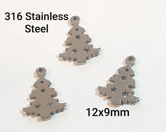 6pcs, 12x9mm, acier inoxydable 316, forme d’arbre de Noël, charme, pendentif pour bijoux de bricolage et fabrication d’accessoires