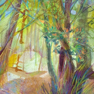 Alberi verdi Acquerello originale Pineta di Cipro Scena naturale Paesaggio di Cipro Foresta soleggiata Estate Vicolo ombreggiato Raggio di sole Scena naturale