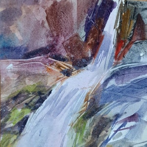 Cascata di Mesa Potamos Arkolachanias Acquerello originale Cascata tempestosa Pineta di Cipro Piccola arte Paesaggio di Cipro Giornata di sole Estate
