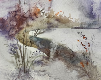 Winter snow trees Landscape art Winter season Original watercolor painting Winter lover gift Abstract art Contemporary watercolour 10.5x7.5