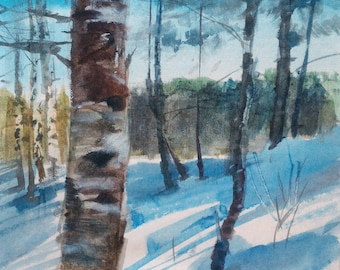 Small watercolor winter forest birch blue white colors snowy landscape beautiful winter original painting the best gift for nature lover