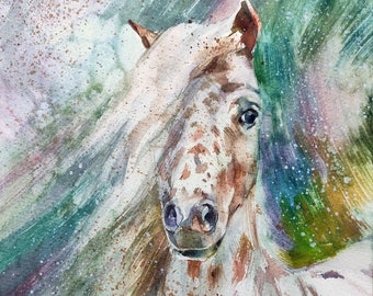 Cheval coloré Aquarelle originale Cheval tacheté Peinture de cheval Animaux de ferme Amoureux des chevaux Art équestre Animaux art Portrait de cheval