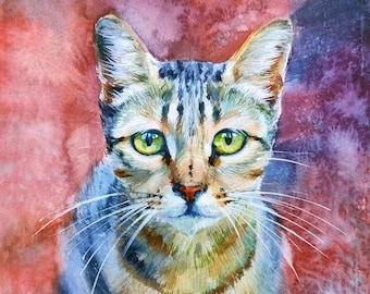 May include: A watercolor painting of a tabby cat with green eyes, looking directly at the viewer. The cat is painted in shades of brown, gray, and white, with a soft, blurred background of red and blue.
