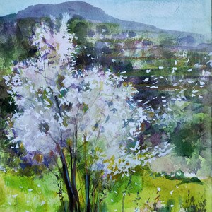 Limnatis Dorf Blühende Mandeln Zypern Landschaft Mittelmeer Kunst Reise Kunst Original Aquarell Natur Kunst Zypern Bäume Zyprisch Winter
