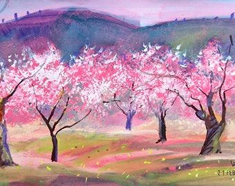 Limnatis Gebirge Zypern Landschaft mediterrane Kunst Personalisiertes Geschenk Original pastell zypriotischer Frühling Muttertag Blühende Mandel
