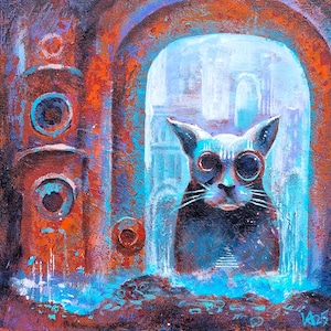 Steampunk Cat Cyberpunk Cat Oeuvre d'art féline de science-fiction Peinture industrielle surréaliste surréaliste Original acrylique lunettes chat Dark Fantasy Animal Art Portrait