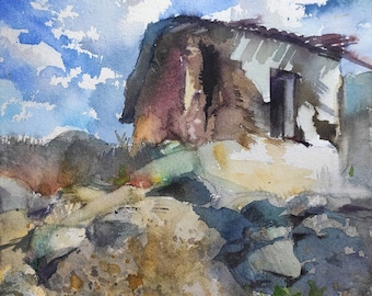 Nature art Cyprus Landscape Mediterranean art Travel art Autumn time Old abandoned house Original watercolor Free shipping Unique gift