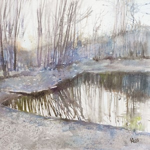 Russian landscape Pastel colors Original art Sad forest Autumn day Cloudy weather Small lake Sunset Gray day Melancholic mood Wood landscape
