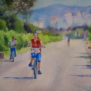 Bicicleta Acuarela Ciclismo Pintura Arte Original Actividad al aire libre Deporte Obra de arte Regalo hecho a mano Ciudad Parque Ciclismo Verano Carretera Chicas felices