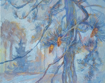 Troodos Cypriot nature Pine trees and cones Winter forest Mountain landscape Atmospheric art Mystical forest Cozy nature Original acrylic
