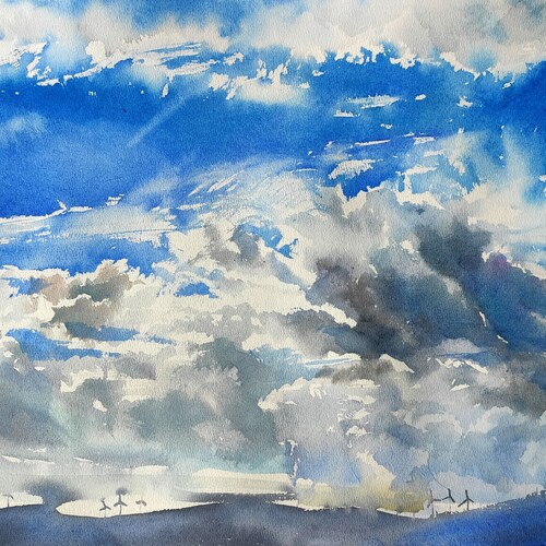 Cyprus nature Original watercolor painting Heaven watercolor shops Sky lover gift Clouds painting Original painting Huge sky Rainy clouds