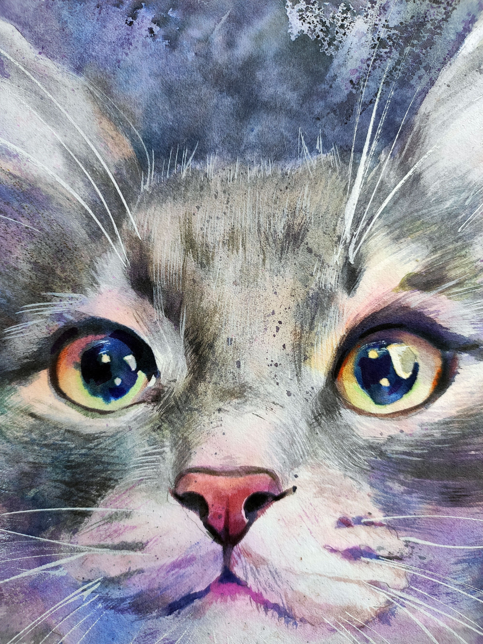 猫の水彩画 ペット愛好家アート 猫の肖像画 縞模様の猫