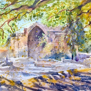 Castello di Kolossi Architettura antica Sito archeologico Cipro paesaggio acquerello originale pittura pleinair natura arte giornata di sole