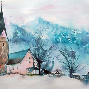 Winter Landscape Original large watercolor painting Christmas painting Snow-capped mountains Landscape with a church Xmas art Blue mountains