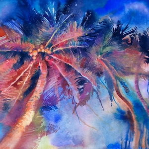 Acquerello originale Colori vivaci Palme tropicali Cielo notturno Arte astratta Paesaggio di Cipro Scena colorata Tempesta tropicale Vegetazione rigogliosa
