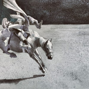 Cowboy americano Cavallo selvaggio Dashing cowboy Rodeo Brumby pittura Texas Graphic Art Acquerello originale Inchiostro Illustrazione Arte in bianco e nero