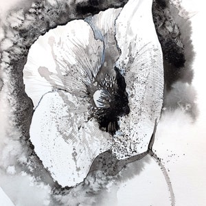 Monochrome poppy painting Poppy artwork Watercolor flowers Watercolor painting Abstract poppy art Flower watercolor Original watercolor