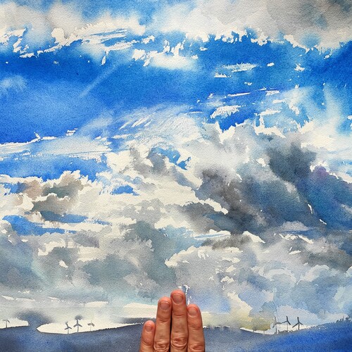 Cyprus nature Original watercolor painting Heaven watercolor shops Sky lover gift Clouds painting Original painting Huge sky Rainy clouds