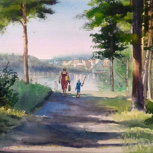 Sunny forest watercolor original shops painting summer landscape sun in trees unique nature lover gift sunlight woods gift for her village