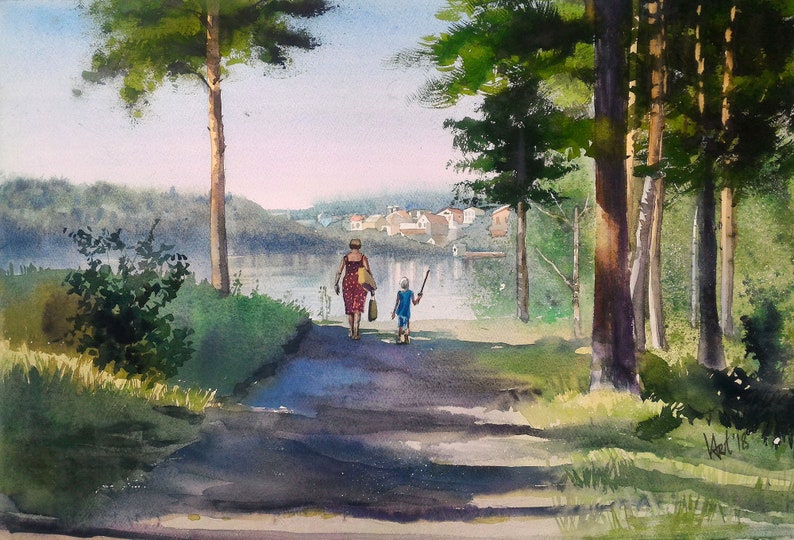 Sunny forest watercolor original shops painting summer landscape sun in trees unique nature lover gift sunlight woods gift for her village