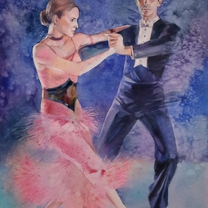 Ballo da sala Dipinto originale Coppia che balla Competizione di danza Acquerello Ballerini Movimento ritmico Posa appassionata Atmosfera glamour