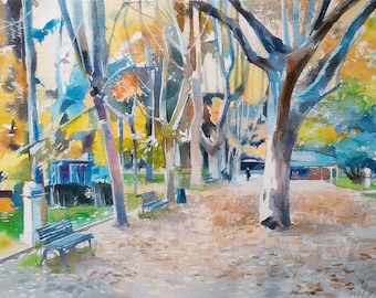 Colorful bright landscape park alley of trees bright colors autumn orange painting horizontal wall art Original Painting Watercolor 10x15