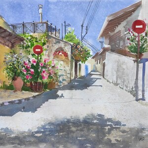 ラニア村 キプロス 風景 田舎 ヨーロッパ 建築 一時停止標識 オリジナル水彩画 外光絵画 自然アート 晴れた日