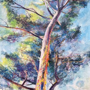 Pino Foresta dipinto Dipinto originale Acrilico originale Grande albero di conifere Colori vivaci Arte colorata Regalo per gli amanti della natura Giornata di sole