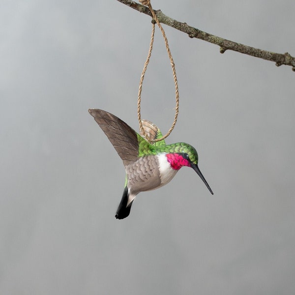 Hummingbird, Hanging -Hand Carved Wooden Bird - 3.5"H
